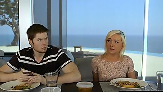 Mom eats out teen girlfriends pussy during family lunch