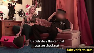 Inked UK milf doggystyled by cops cock